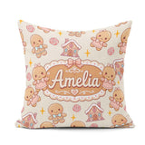 Custom Name Cute Gingerbread Candy House Sweets Cream Background Square Filled Cushion Throw Pillow Sofa Bed Home Decor Zip Washable UK Made