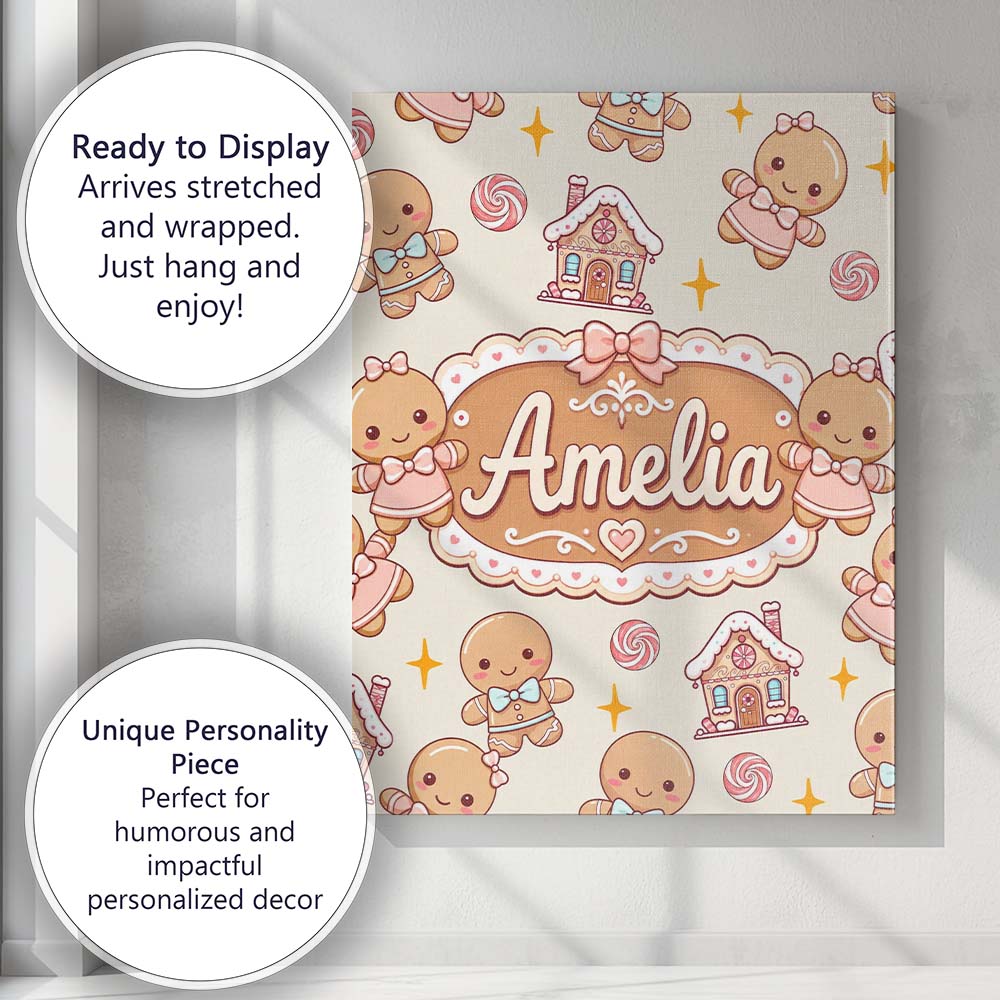 Personalised Name Cute Gingerbread Cookies Custom  Unique Gift Idea Elegant Feature Canvas Wall Art Print Decor Picture Ready to Hang