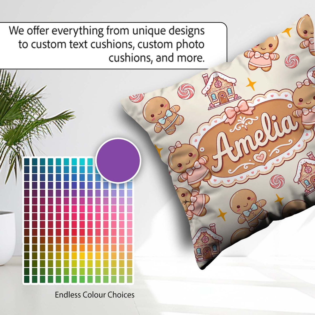 Custom Name Cute Gingerbread Candy House Sweets Cream Background Square Filled Cushion Throw Pillow Sofa Bed Home Decor Zip Washable UK Made