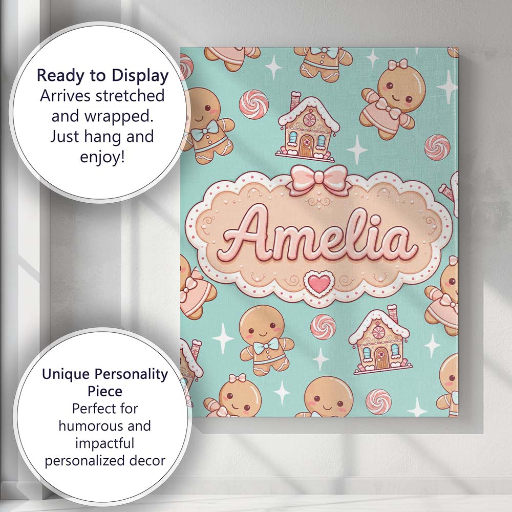 Personalised Name Cute Gingerbread Cookies Custom  Unique Gift Idea Elegant Feature Canvas Wall Art Print Decor Picture Ready to Hang