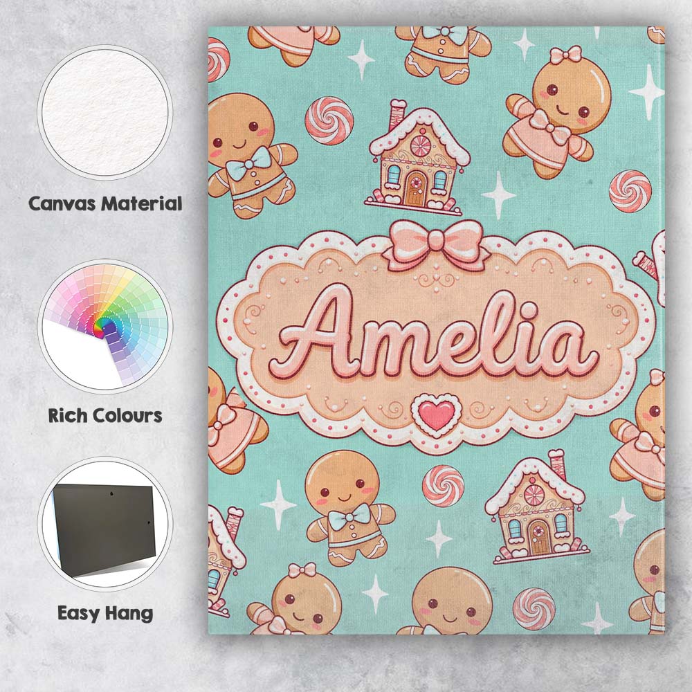 Personalised Name Cute Gingerbread Cookies Custom  Unique Gift Idea Elegant Feature Canvas Wall Art Print Decor Picture Ready to Hang