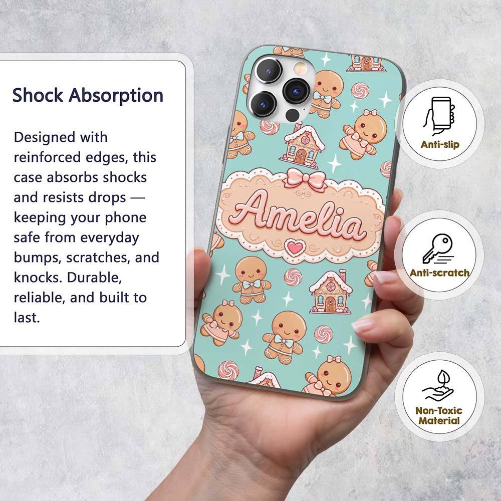 Cute Gingerbread Cookies Candy House Sweets Mint Custom Name Protective Phone Case Mobile Cover Durable Everyday Smartphone Shock Resistant