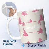 Personalized Custom Name Minimal Pink Christmas Trees Stars Winter Seamless Pattern Lovely 11oz Ceramic Coffee Tea Mug White Large Handle