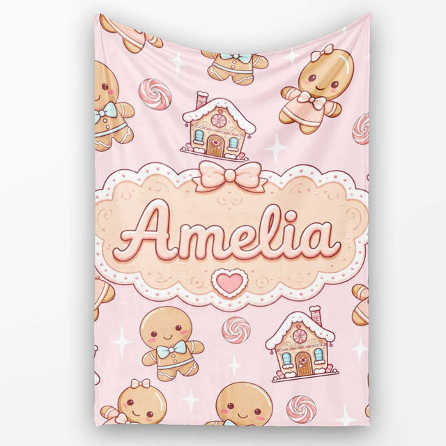 Gingerbread Cookies Candy House Sweets Blush Pink Background  Personalised Custom Name Super Soft Fleece Blanket Bed Sofa Throw