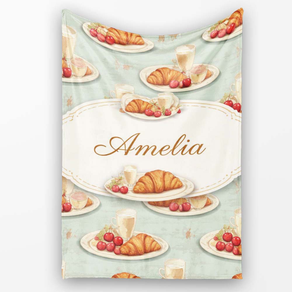 Croissant with Strawberries Soft Blue Dessert Seamless Pattern  Personalised Custom Name Super Soft Fleece Blanket Bed Sofa Throw