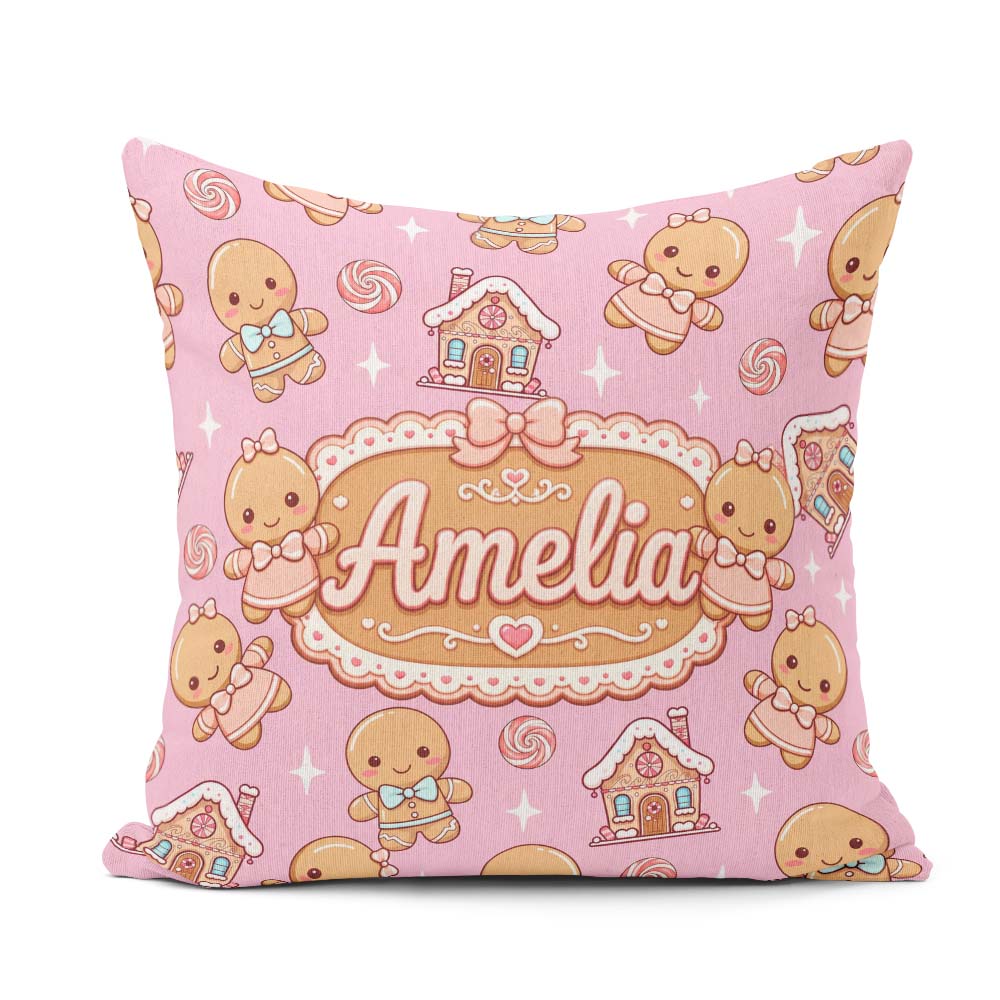 Custom Name Gingerbread Cookies Candy House Soft Pink Background Square Filled Cushion Throw Pillow Sofa Bed Home Decor Zip Washable UK Made