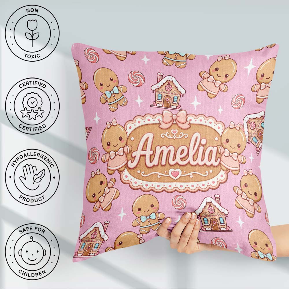 Custom Name Gingerbread Cookies Candy House Soft Pink Background Square Filled Cushion Throw Pillow Sofa Bed Home Decor Zip Washable UK Made