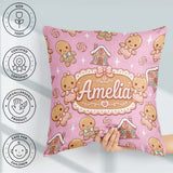 Custom Name Gingerbread Cookies Candy House Soft Pink Background Square Filled Cushion Throw Pillow Sofa Bed Home Decor Zip Washable UK Made