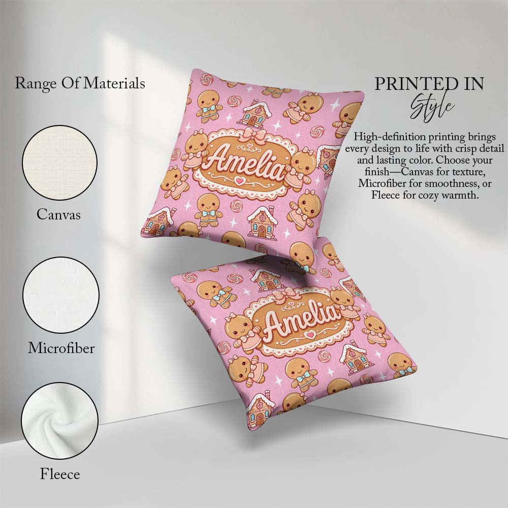 Custom Name Gingerbread Cookies Candy House Soft Pink Background Square Filled Cushion Throw Pillow Sofa Bed Home Decor Zip Washable UK Made