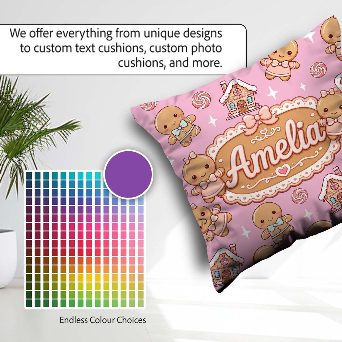 Custom Name Gingerbread Cookies Candy House Soft Pink Background Square Filled Cushion Throw Pillow Sofa Bed Home Decor Zip Washable UK Made