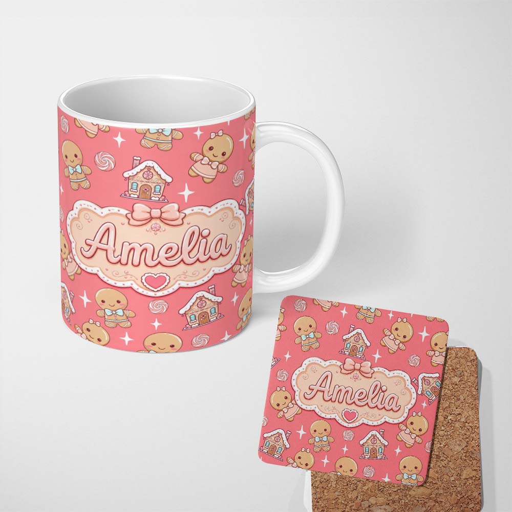 Personalized Custom Name Cute Gingerbread Cookies Candy House Sweets Red Background Seamless 11oz Ceramic Coffee Tea Mug White Large Handle