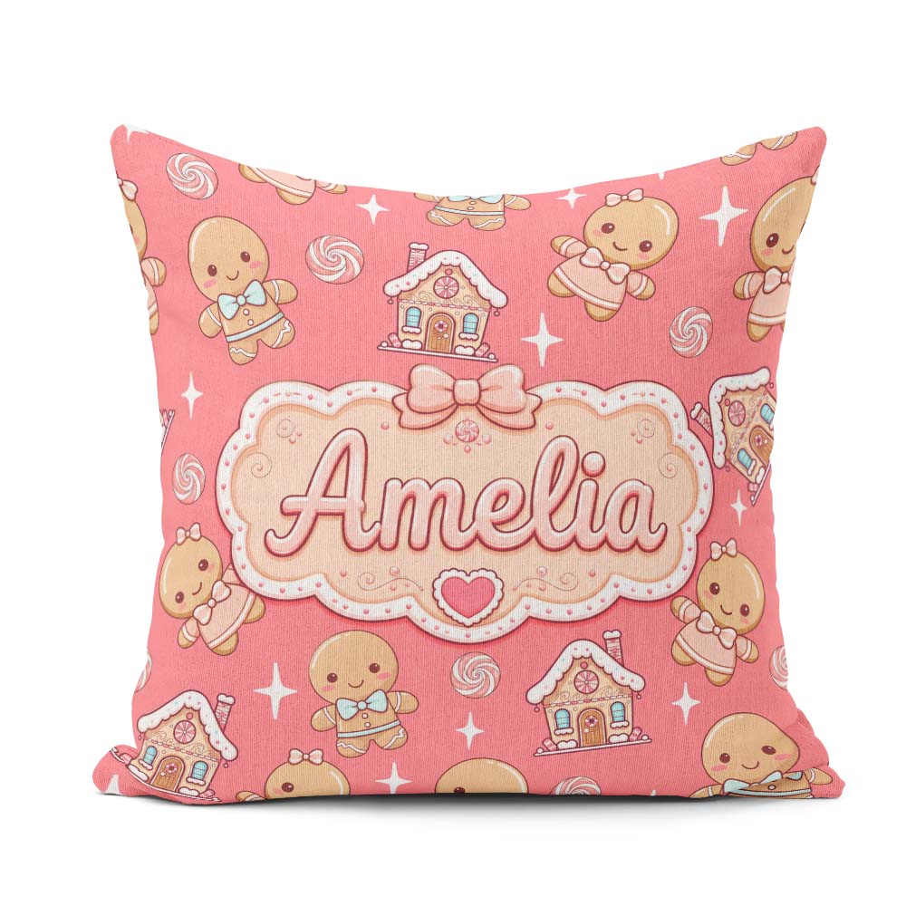 Custom Name Gingerbread Cookies Candy House Sweets Red Seamless Square Filled Cushion Throw Pillow Sofa Bed Home Decor Zip Washable UK Made