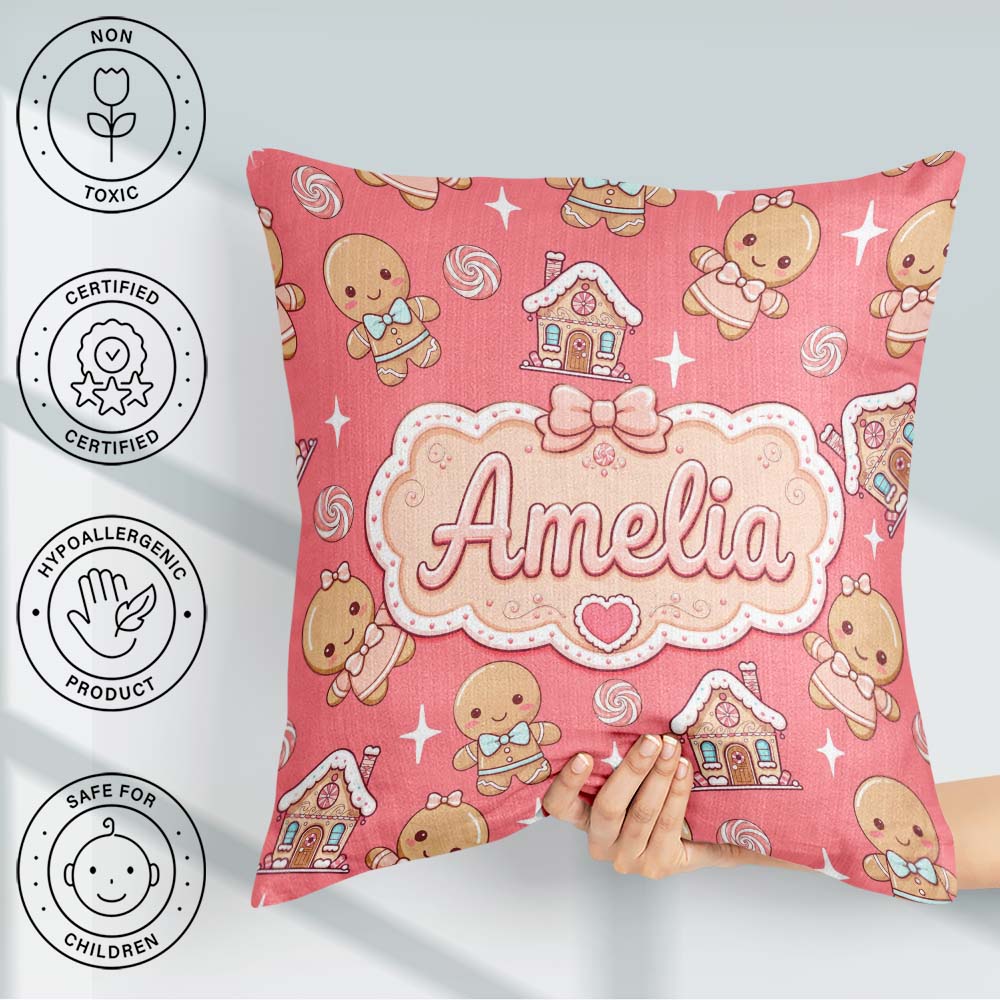 Custom Name Gingerbread Cookies Candy House Sweets Red Seamless Square Filled Cushion Throw Pillow Sofa Bed Home Decor Zip Washable UK Made