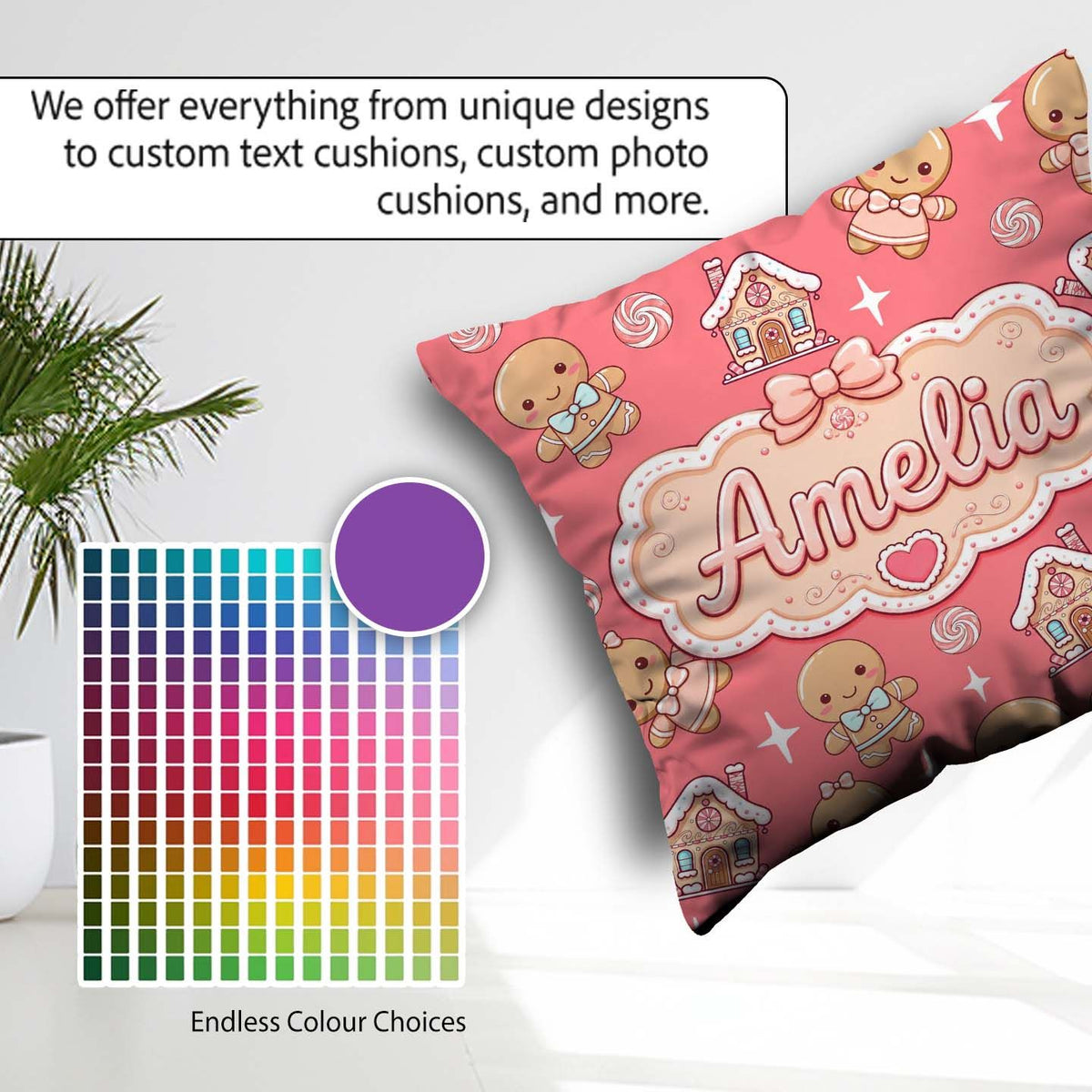 Custom Name Gingerbread Cookies Candy House Sweets Red Seamless Square Filled Cushion Throw Pillow Sofa Bed Home Decor Zip Washable UK Made