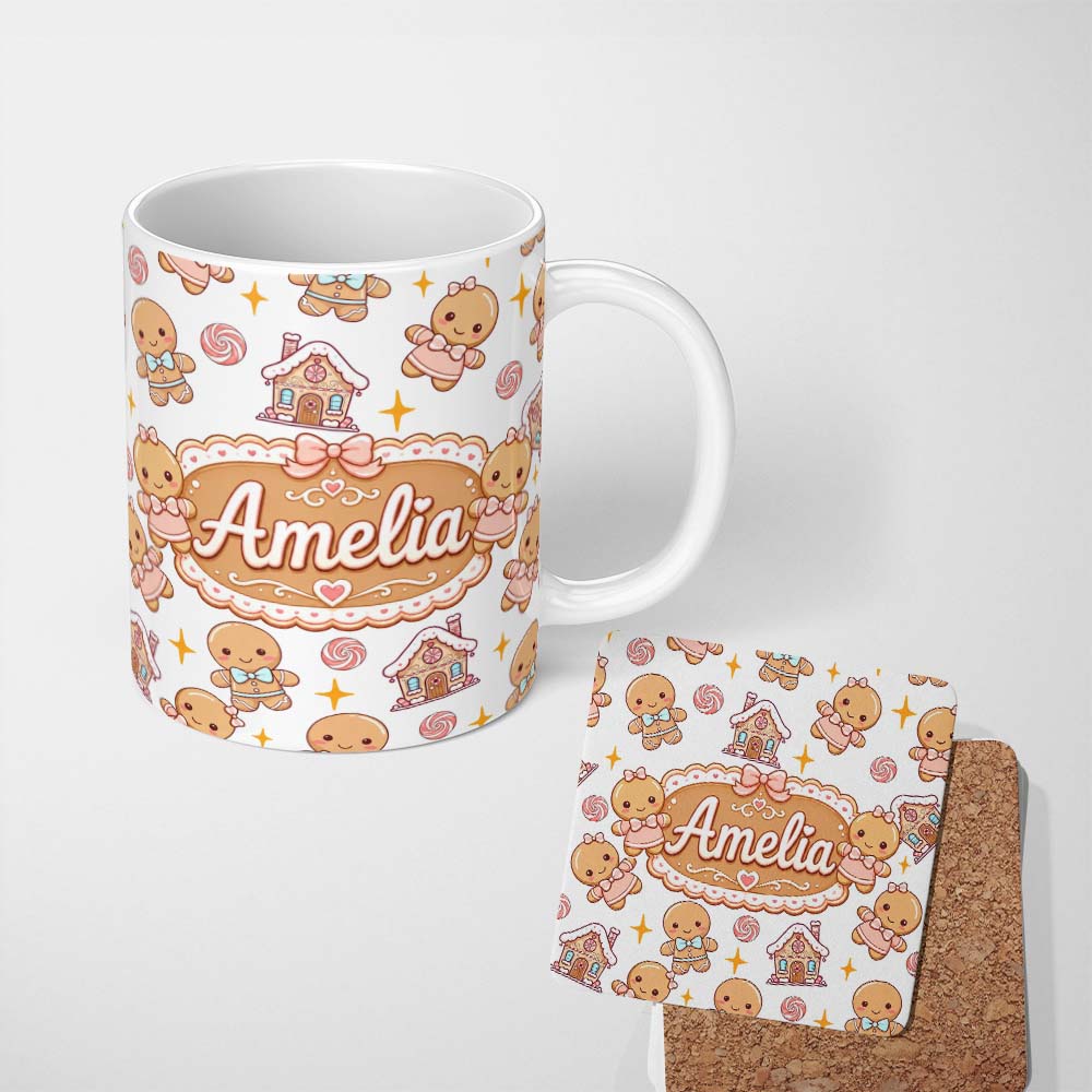 Personalized Custom Name Cute Gingerbread Cookies Candy House Sweets White Background 11oz Ceramic Coffee Tea Mug White Large Handle