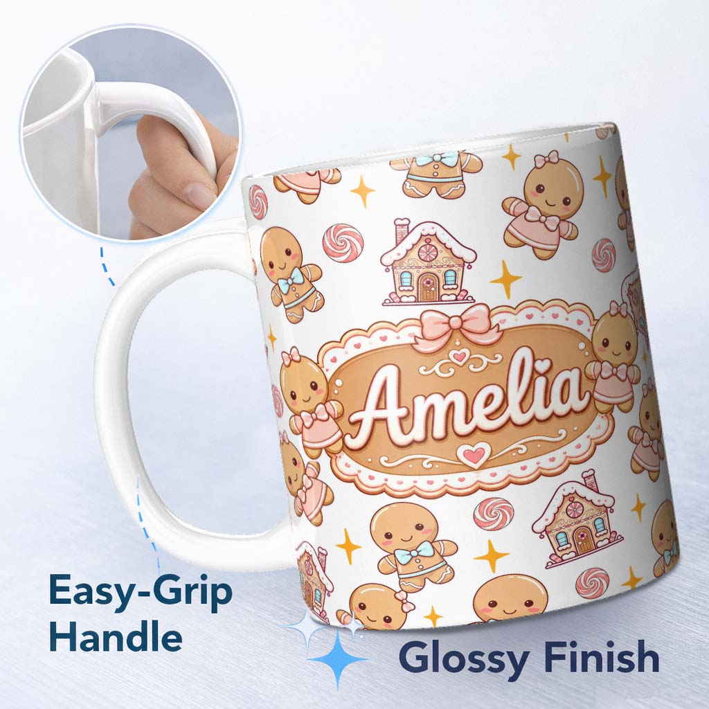Personalized Custom Name Cute Gingerbread Cookies Candy House Sweets White Background 11oz Ceramic Coffee Tea Mug White Large Handle