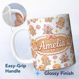 Personalized Custom Name Cute Gingerbread Cookies Candy House Sweets White Background 11oz Ceramic Coffee Tea Mug White Large Handle