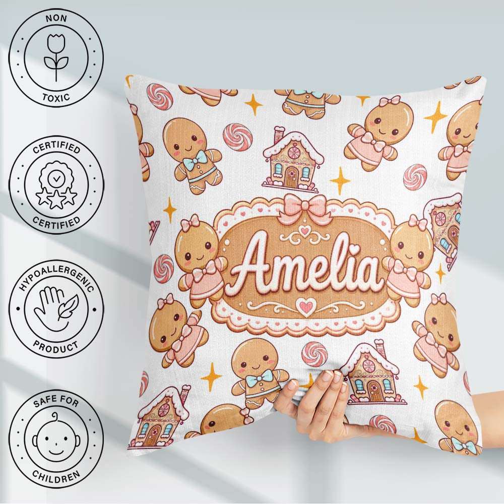 Custom Name Cute Gingerbread Candy House Sweets White Background Square Filled Cushion Throw Pillow Sofa Bed Home Decor Zip Washable UK Made