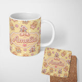 Personalized Custom Name Gingerbread Cookies Candy House Sweets Yellow Background Seamless 11oz Ceramic Coffee Tea Mug White Large Handle
