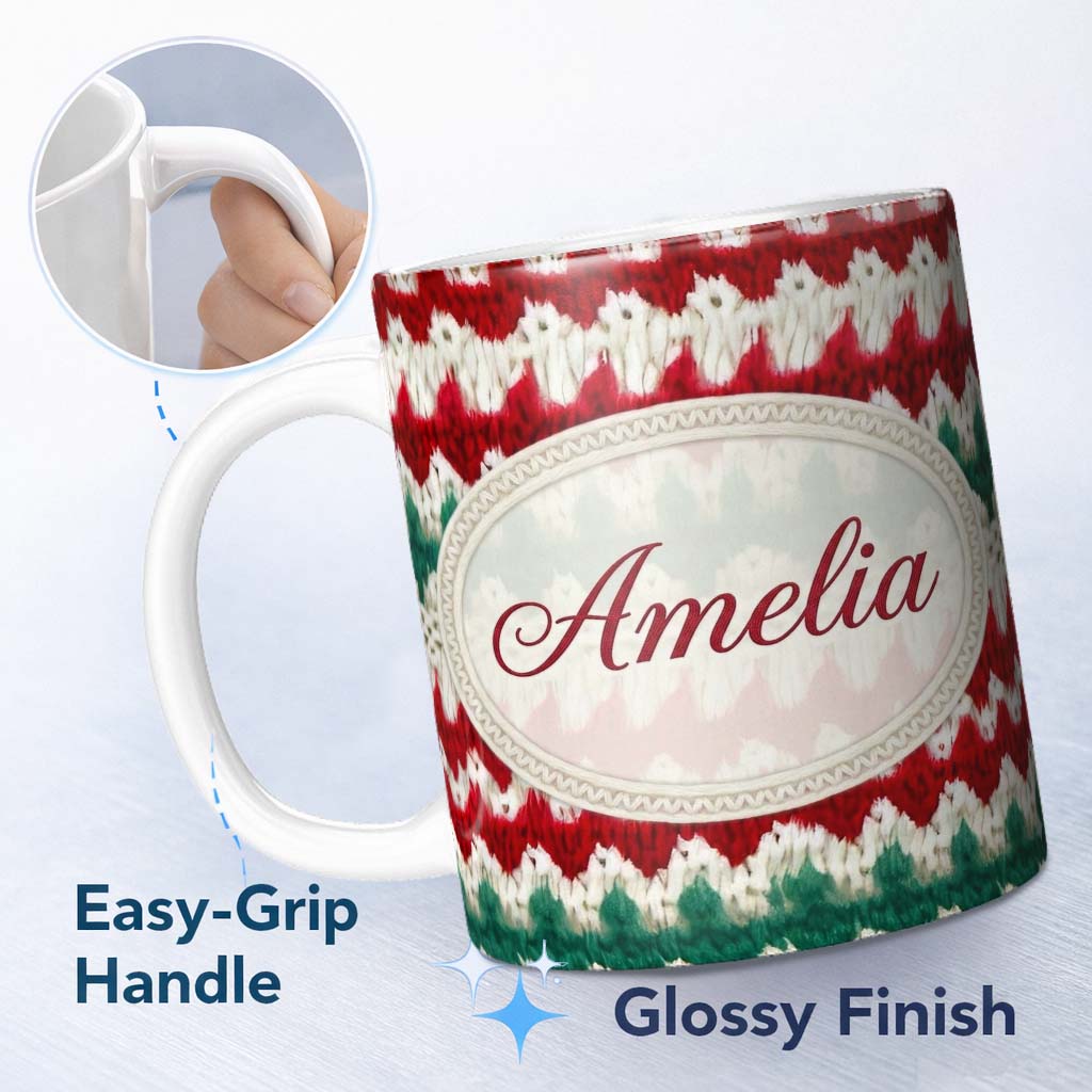 Personalized Custom Name Rustic Red Green Watercolor Knit Texture Seamless Pattern Lovely 11oz Ceramic Coffee Tea Mug White Large Handle
