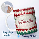 Personalized Custom Name Rustic Red Green Watercolor Knit Texture Seamless Pattern Lovely 11oz Ceramic Coffee Tea Mug White Large Handle