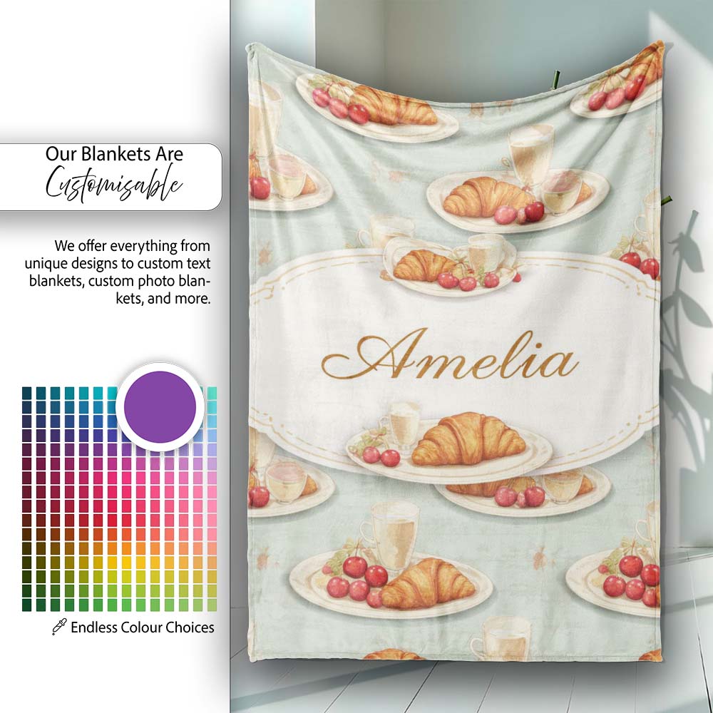 Croissant with Strawberries Soft Blue Dessert Seamless Pattern  Personalised Custom Name Super Soft Fleece Blanket Bed Sofa Throw