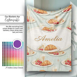 Croissant with Strawberries Soft Blue Dessert Seamless Pattern  Personalised Custom Name Super Soft Fleece Blanket Bed Sofa Throw