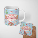 Personalized Custom Name Christmas Gingerbread House Snowman Deer Seamless Pattern Blue 11oz Ceramic Coffee Tea Mug White Large Handle
