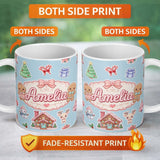 Personalized Custom Name Christmas Gingerbread House Snowman Deer Seamless Pattern Blue 11oz Ceramic Coffee Tea Mug White Large Handle