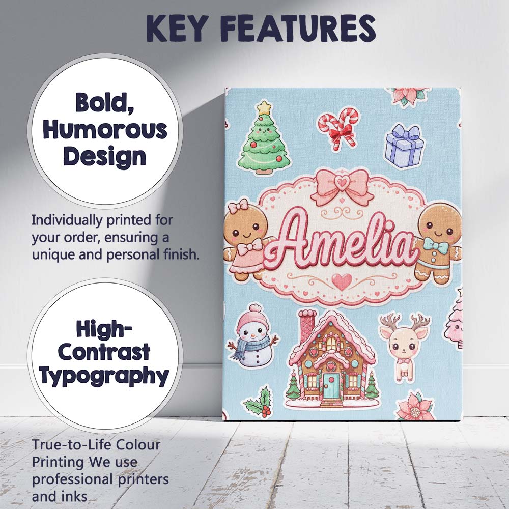 Personalised Name Christmas Gingerbread Custom  Modern Room Accent Elegant Feature Canvas Wall Art Print Decor Picture Ready to Hang