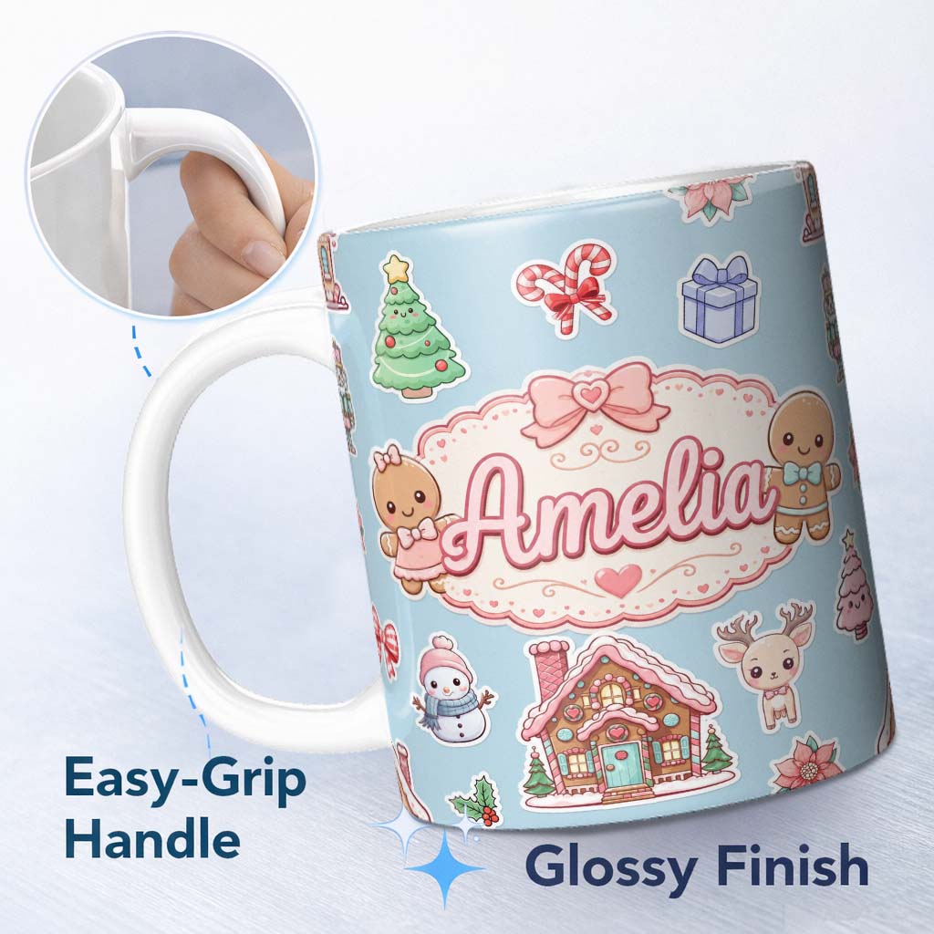 Personalized Custom Name Christmas Gingerbread House Snowman Deer Seamless Pattern Blue 11oz Ceramic Coffee Tea Mug White Large Handle