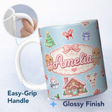 Personalized Custom Name Christmas Gingerbread House Snowman Deer Seamless Pattern Blue 11oz Ceramic Coffee Tea Mug White Large Handle