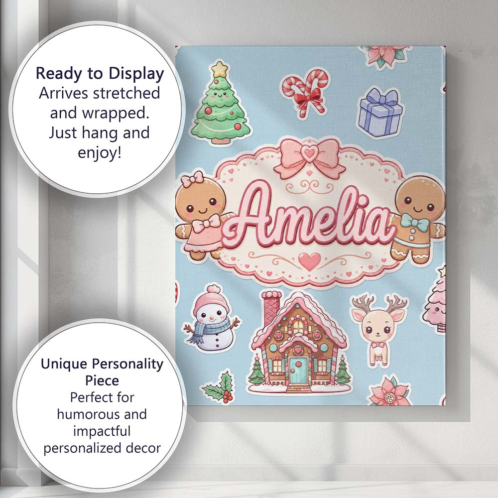 Personalised Name Christmas Gingerbread Custom  Modern Room Accent Elegant Feature Canvas Wall Art Print Decor Picture Ready to Hang