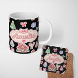 Personalized Custom Name Christmas Gingerbread House Snowman Deer Seamless Pattern Black 11oz Ceramic Coffee Tea Mug White Large Handle