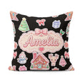 Custom Name Christmas House Snowman Deer Seamless Pattern Black Square Filled Cushion Throw Pillow Sofa Bed Home Decor Zip Washable UK Made