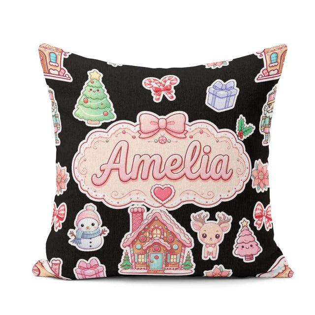 Custom Name Christmas House Snowman Deer Seamless Pattern Black Square Filled Cushion Throw Pillow Sofa Bed Home Decor Zip Washable UK Made