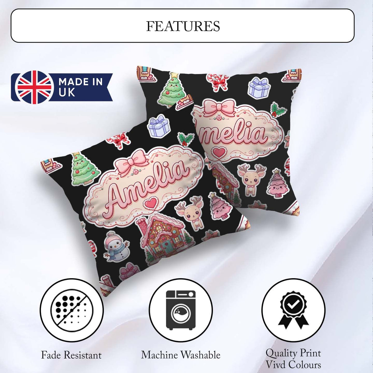 Custom Name Christmas House Snowman Deer Seamless Pattern Black Square Filled Cushion Throw Pillow Sofa Bed Home Decor Zip Washable UK Made