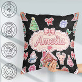 Custom Name Christmas House Snowman Deer Seamless Pattern Black Square Filled Cushion Throw Pillow Sofa Bed Home Decor Zip Washable UK Made