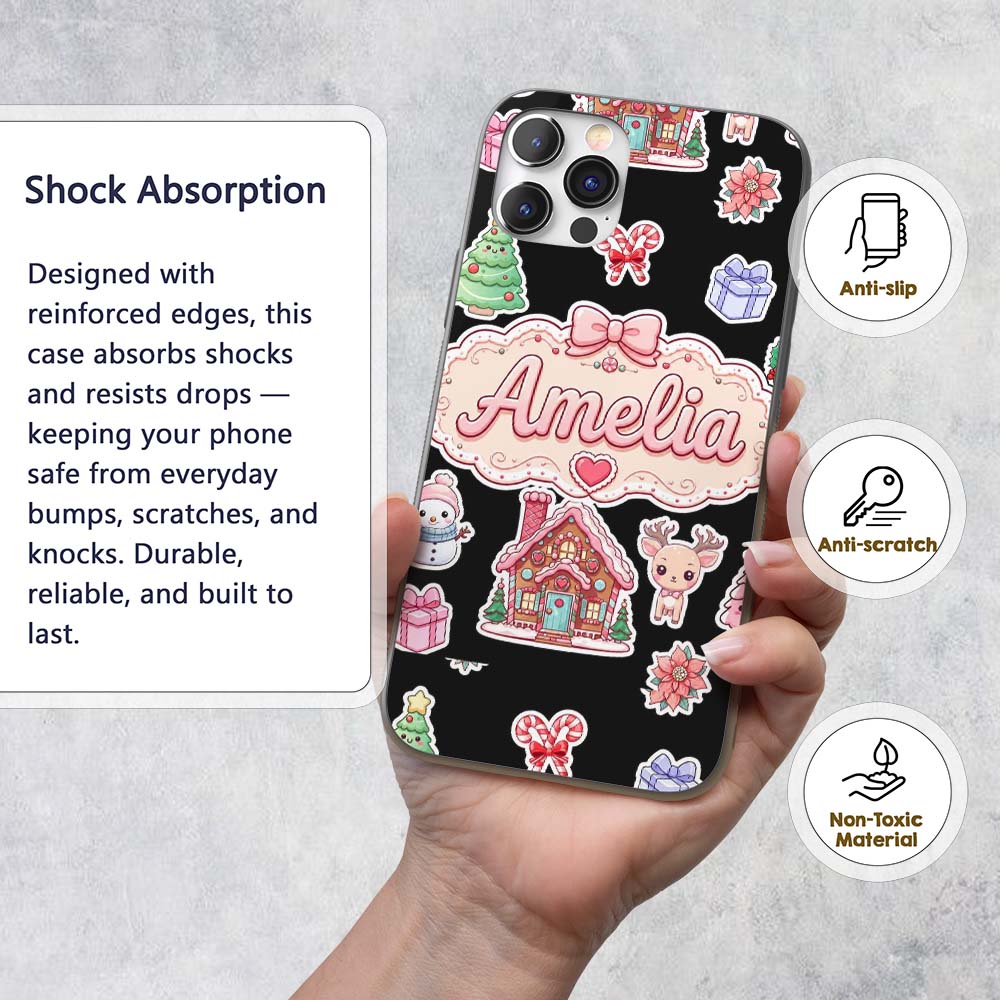 Christmas Gingerbread House Snowman Deer Seamless Custom Name Protective Phone Case Mobile Cover Durable Everyday Smartphone Shock Resistant