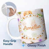 Personalized Custom Name Cute Watercolor Pumpkins and Candy Sweets on Neutral Beige Lovely 11oz Ceramic Coffee Tea Mug White Large Handle