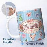 Personalized Custom Name Christmas Gingerbread House Snowman Deer Seamless Pattern Blue 11oz Ceramic Coffee Tea Mug White Large Handle