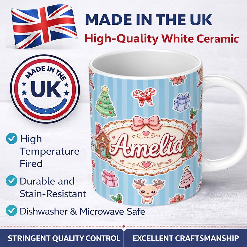 Personalized Custom Name Christmas Gingerbread House Snowman Deer Seamless Pattern Blue 11oz Ceramic Coffee Tea Mug White Large Handle