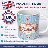 Personalized Custom Name Christmas Gingerbread House Snowman Deer Seamless Pattern Blue 11oz Ceramic Coffee Tea Mug White Large Handle