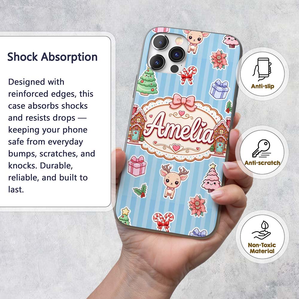 Christmas Gingerbread House Snowman Deer Seamless Custom Name Protective Phone Case Mobile Cover Durable Everyday Smartphone Shock Resistant