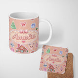 Personalized Custom Name Christmas Gingerbread House Snowman Candy Seamless Pattern Peach 11oz Ceramic Coffee Tea Mug White Large Handle