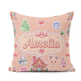 Custom Name Christmas House Snowman Candy Seamless Pattern Peach Square Filled Cushion Throw Pillow Sofa Bed Home Decor Zip Washable UK Made