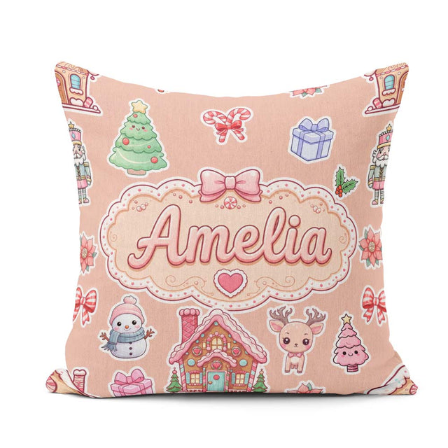 Custom Name Christmas House Snowman Candy Seamless Pattern Peach Square Filled Cushion Throw Pillow Sofa Bed Home Decor Zip Washable UK Made