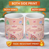 Personalized Custom Name Christmas Gingerbread House Snowman Candy Seamless Pattern Peach 11oz Ceramic Coffee Tea Mug White Large Handle