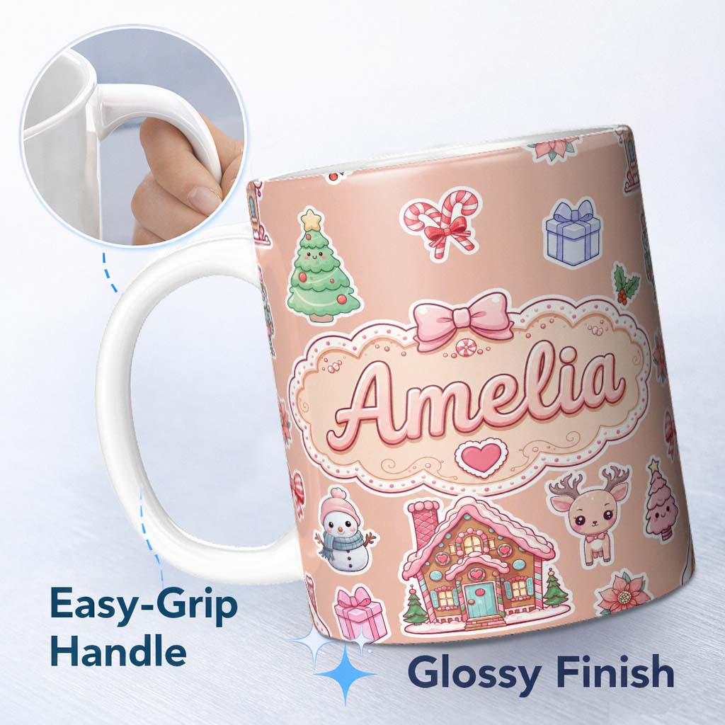 Personalized Custom Name Christmas Gingerbread House Snowman Candy Seamless Pattern Peach 11oz Ceramic Coffee Tea Mug White Large Handle