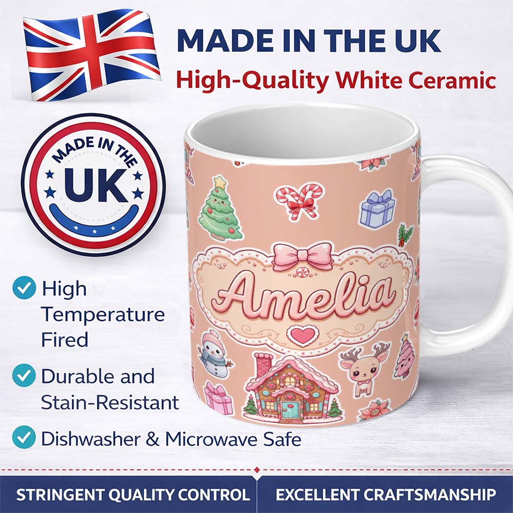 Personalized Custom Name Christmas Gingerbread House Snowman Candy Seamless Pattern Peach 11oz Ceramic Coffee Tea Mug White Large Handle
